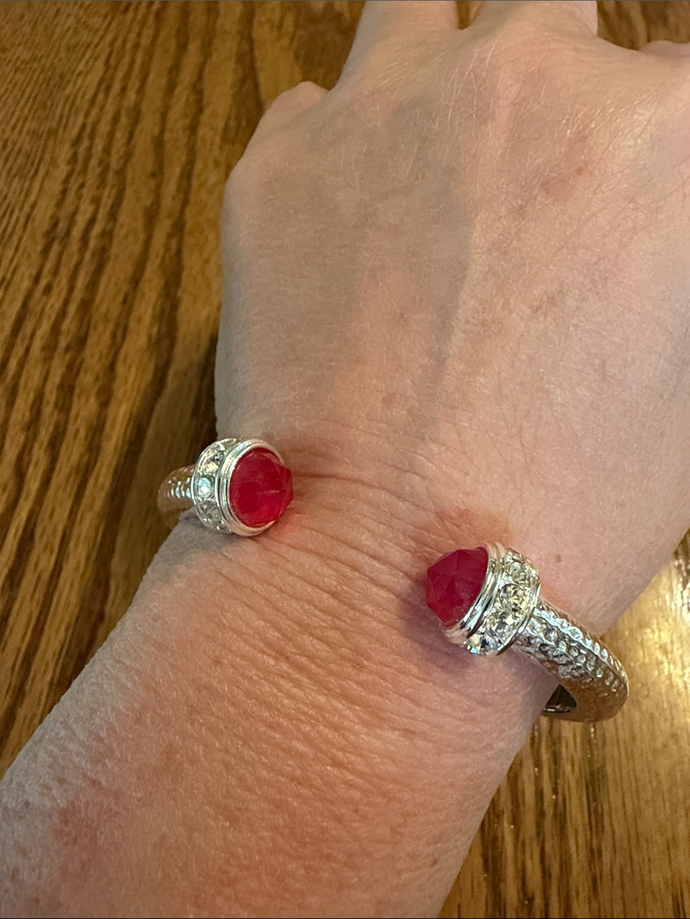 Silver-Tone Open Cuff Bracelet with Hot pink Gemstone Accents
